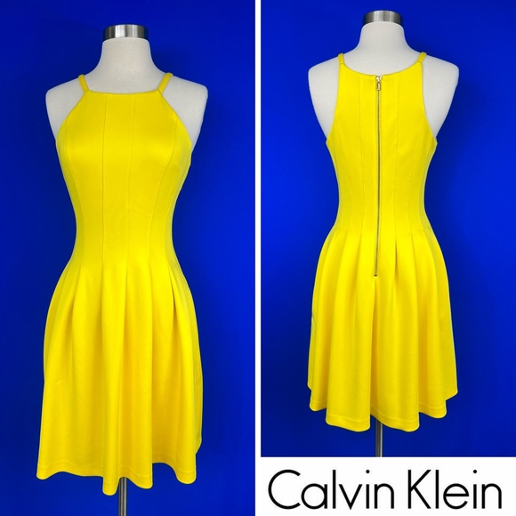 |•CALVIN KLEIN•| Canary Yellow Gold Fit Flare Tank Dress with Pockets!! - Picture 1 of 4